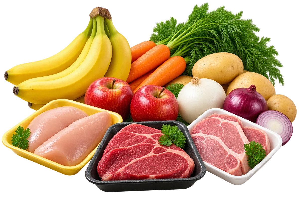 Plátanos, manzanas, zanahorias, papas, cebollas y presentaciones de pollo, res y puerco