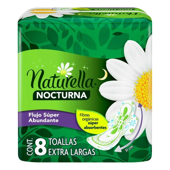 Toallas Femeninas Naturella Nocturna Extra Larga con Alas 8 Toallas